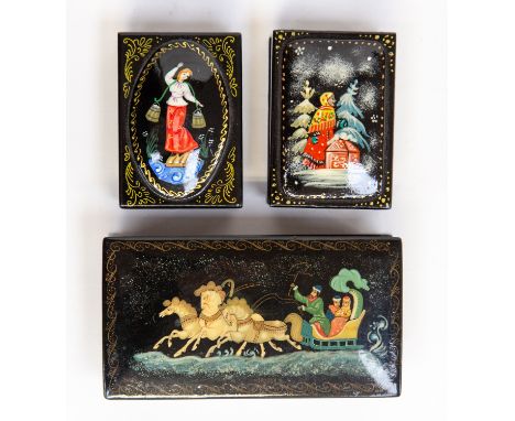 Three Russian hand painted lacquer ware trinket boxes