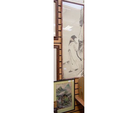 19th/20th Century Chinese silk painting of man standing beneath moon, artist's seal l.r., framed and glazed, 124.5cm by 38.5c