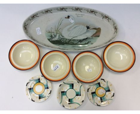 Portmerion ceramic tray with four Clarice Cliff breakfast bowls and three Suzie Cooper saucers 