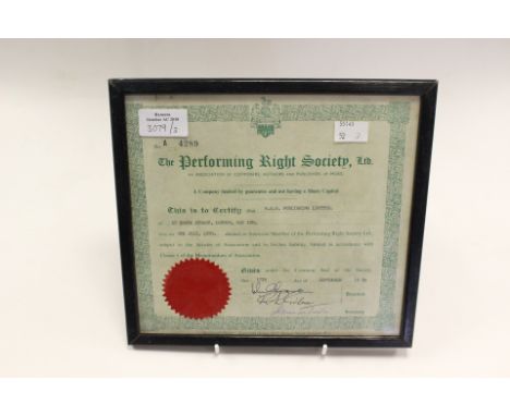 Performing Rights Ltd Music Certificates from R. Stigwood Office P.E.Baker (Music) Ltd and R.S.O Publishing Ltd and Draftleaf