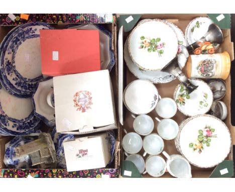Blue and white dinnerwares including tureens and covers, sauce ladle, plates etc with floral tea wares, three Lillyput Lane b