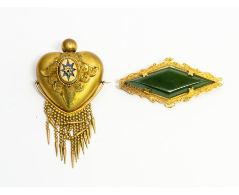 A Victorian yellow metal and Jade type stone brooch, along with a Victorian Empire style pinch beck  brooch with bead fringe 