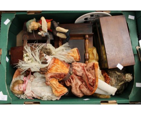 Four German ceramic head dolls, a Steiff cat assorted dolls house furniture etc (1 box)