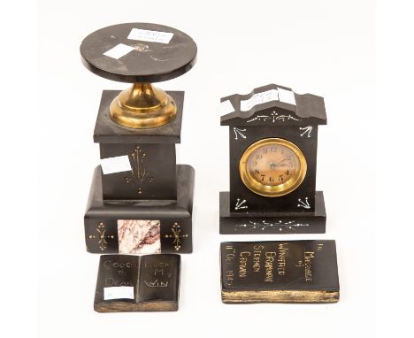 An Ashford black marble mantel clock together with pedestal and two faux marble books (4)