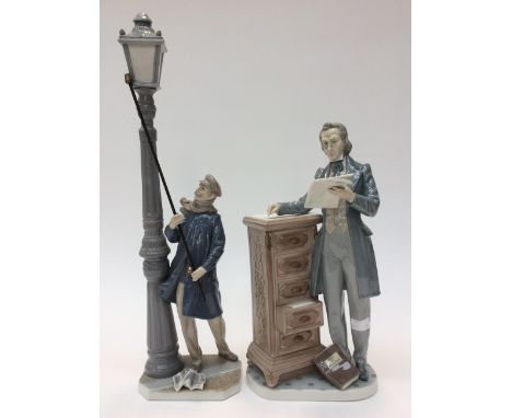 Lladro 'The Lamp Lighter', ref 5205, with Lladro 'The Attorney' ref 5213 (damage to his spectacles) (2) 