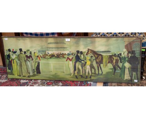 Doris Zinkeisen, panoramic colour lithograph depicting horse racing scene with fashionable Regency figures, dated 1934, frame