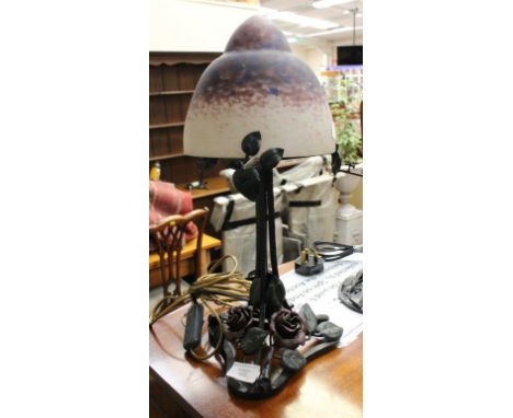 French Art Nouveau purple glass table lamp with purple and white shade and decorated wrought iron base