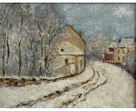 After Claude Monet (1840-1926), a framed impressionist style oil on canvas landscape titled 'Snow in Argenteuil'. H.33 W.38cm