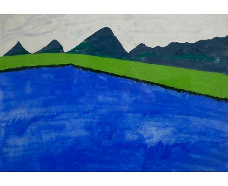 A contemporary abstract acrylic painting on paper titled 'Mountain &amp; Lake - Evening Calm' by Tom Harrison, signed to the 