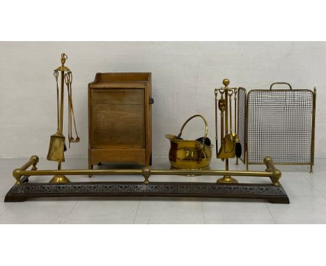 A mixed collection of 19th century and later fireside items to include a pine coal scuttle with a shaped gallery back over a 