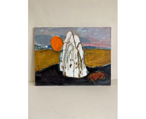 A contemporary acrylic painting on canvas titled 'Aros Biro', unframed with an inscription to the reverse. H.50 W.65cm