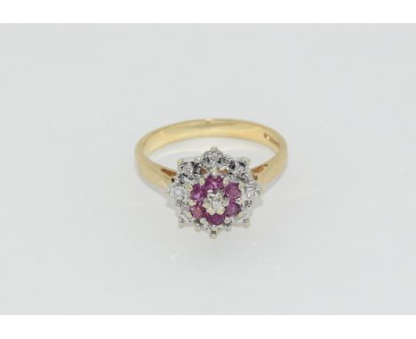 9ct gold ladies diamond and ruby cluster ring size M