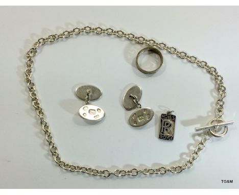 Pair of men's silver hallmarked cufflinks, Rolls Royce badge, chain and ring 