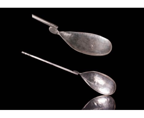 Ca. AD 300 - 500. A Roman shallow spoon made from silver, known as a cochlearium. The bowl of the spoon is a rounded, with a 
