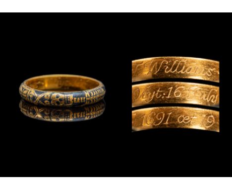 Ca. AD 1691. A Stuart period gold memento mori mourning ring. The interior of the ring is inscribed with the words “T. Willia