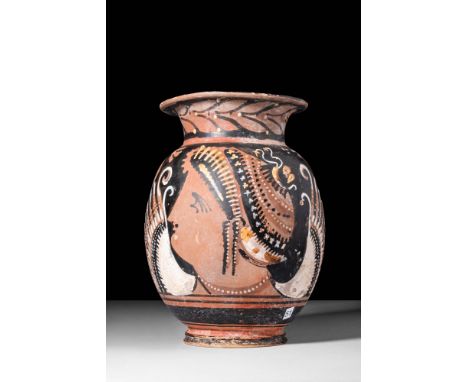 Ca. 400 - 300 BC.A beautiful Apulian Olpe, with a globular body on a short foot and a thin rim. The body of the vessel is dec