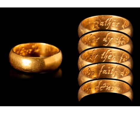 Ca. AD 1600. An Elizabethan or Stuart gold posy with an internal inscription reading “Rather dy then faith deni” (Rather die 