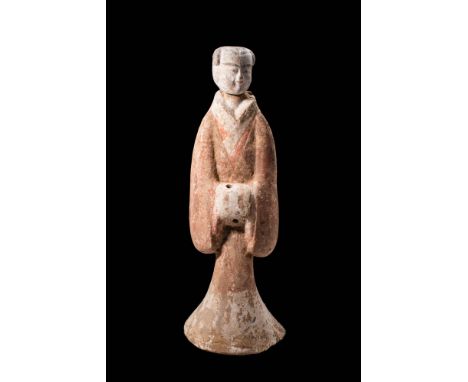 Ca. 202 BC - AD 220.A Han dynasty terracotta court lady figure. The lady is dressed in a Quju robe, otherwise known as curvin