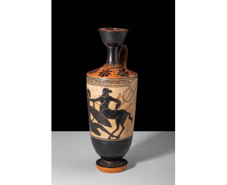 Ca. 490 - 480 BC. An Attic lekythos attributed to the Athena painter. This vase depicts a scene from a centauromachy, showing