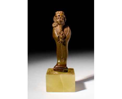 Ca. 664 - 332 BC.A rare stone figure of Harpocrates, the god of silence and secrets. The finely detailed figure that features