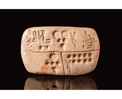 Ca. 3300 - 3100 BC.An ancient Mesopotamian clay tablet inscribed with six registers with pictographic proto-cuneiform, it mos