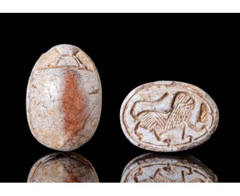 Middle kingdom, Ca. 2055 - 1790 BC. An Egyptian carved steatite scarab with naturalistic features. Beneath the domed insect i