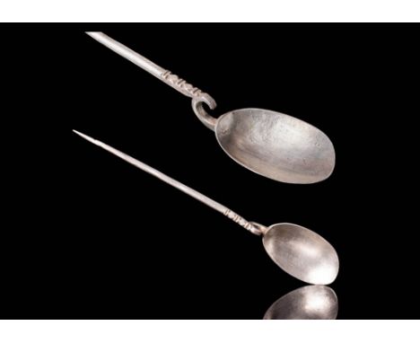 Ca. AD 300 - 500. A Roman spoon made from silver, known as a cochlearium. The bowl of the spoon is a rounded, with a handle t