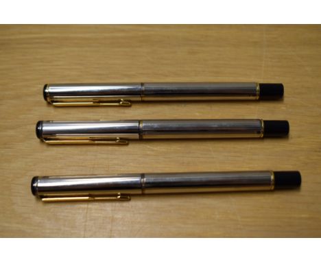 A Parker Rialto converter fill fountain pen and two rollerball pens in Cornith Silver plate