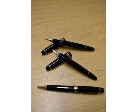 A Montblanc Meisterstuck 146 piston fill fountain pen, ballpoint pen and Rollerball pen in black having Montblanc 4810 nib