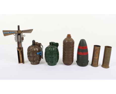 Inert Grenades and Ordnance: Mills No 36 grenades one complete.one missing base , two rifle grenades, shells and cut away bom