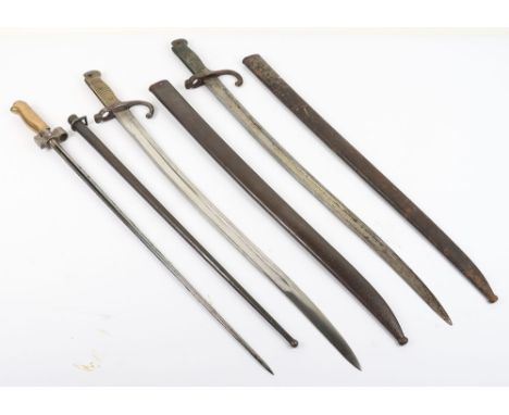 French Bayonets: Lebel bayonet with brass hilt and steel scabbard and two Chassepot Yataghan Sword Bayonets complete with sca