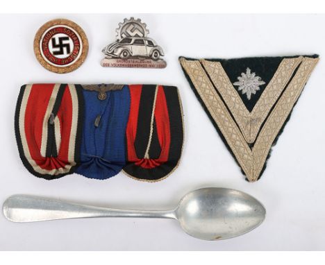 WW2 German Militaria: German navy alloy tea spoon, Iron Cross ribbon bar ,army rank badge and NSDAP gold party and Volkswagen