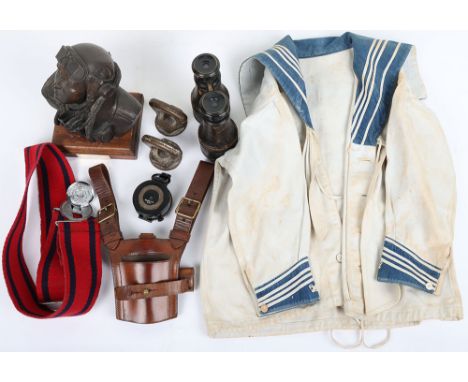 Military compass, RE stable belt, WW1 period binoculars ,two large brass nuts from HMS ARK ROYAL, sword frog, RAF sculpture  