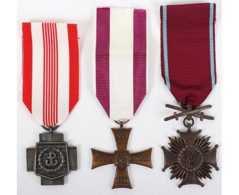Polish Military Medals: Polish Cross of Valour, Merit Cross and Home army cross ,all large size with ribbons. 3 items 
