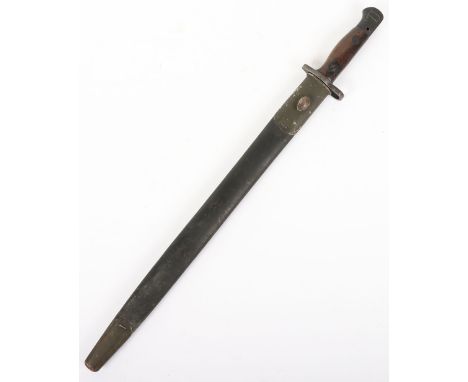 British 1907 Bayonet: Clean bayonet made by SANDERSON with armour marks to blade in  original scabbard, stamped with maker, g