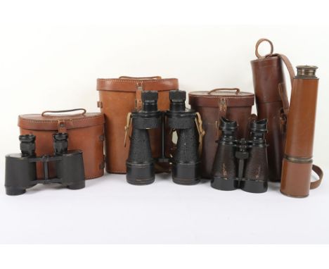 Military Telescope and Binoculars: Brass leather covered telescope stamped with makers and arrow, complete case with strap, W