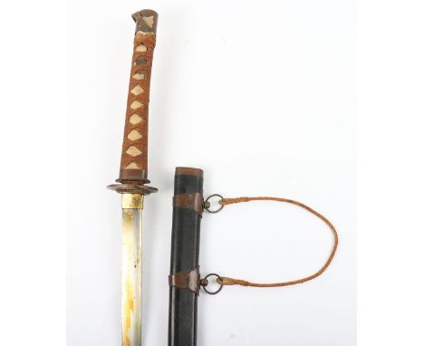 Japanese Army Officers Sword Katana: Hilt with civil mounts and blade 66 cms blade housed in leather covered scabbard with br