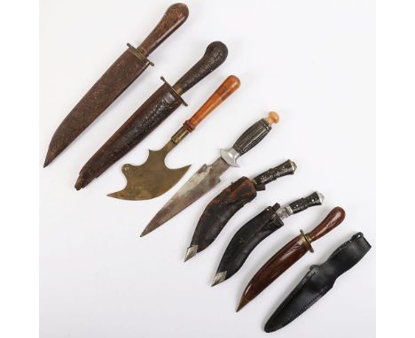 Indian Type Knives: Tourist type knives, two in curved wood scabbards, brass axe and other knives. 8 items
