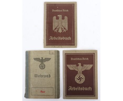 WW2 German Wehrpass and Work Books: German army pass for WW1 veteran with photo and details, with both types of work books to