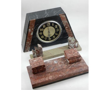 An Art Deco marble ink stand, having two ink wells, W. 32.5cm, together with a marble photo frame stand, and a French Art Dec