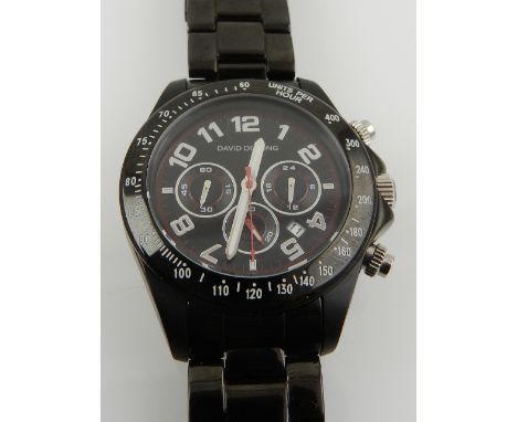 A vintage David Deyong black steel gentlemans chronograph wristwatch with subsiduary dials and date aperture, bracelet strap.
