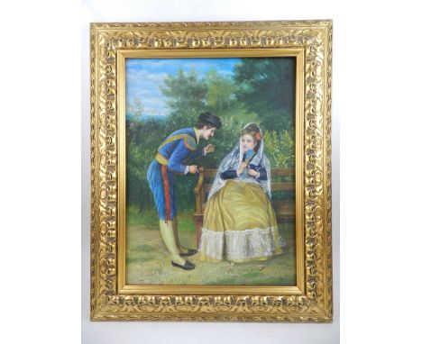 20th century Continental school, The Proposal, oil on panel, unsigned. H. 39cm W. 29cm