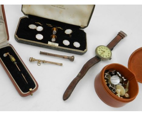 Two Victorian yellow metal propelling pencils, a quantity of assorted dress studs, vintage wristwatch and a stickpin