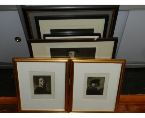 A collection of seven framed monochrome old master prints including works by Holbein and Rembrandt