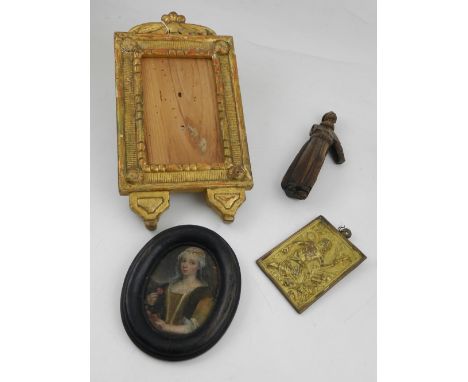 An 18th century miniature head and shoulder portrait of a lady on copper, together with an 18th century Florentine gilt wood 