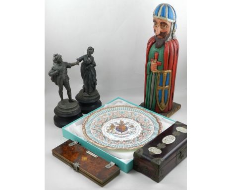 A pair of bronzed spelter figures, a set of vintage bowling woods, a Chinese faux ivory mounted box, tie press and sundries