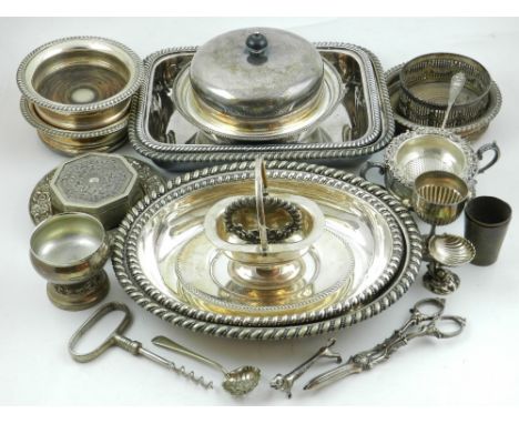 A quantity of silver plate to include sauce boats, serving trays, sifter, coasters, candle wick trimmer, glass decanter and o