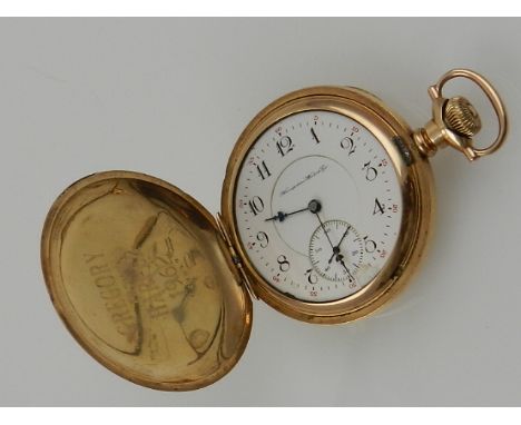 A Hampden Watch Co. gold plated full hunter pocket watch, 'John Hancock' model, 21 jewel movement, the enamel dial with Arabi
