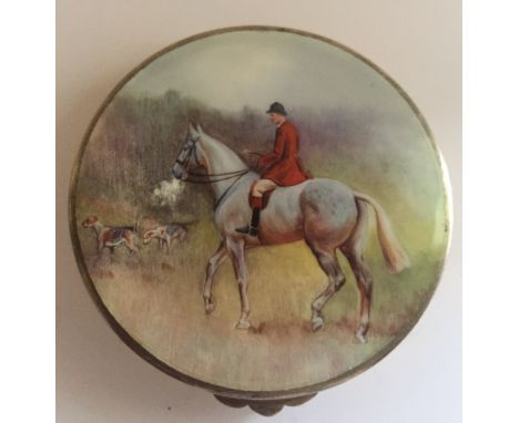 Superb quality continental silver gilt and enamel powder compact depicting hunting scene, 6cms diameter.