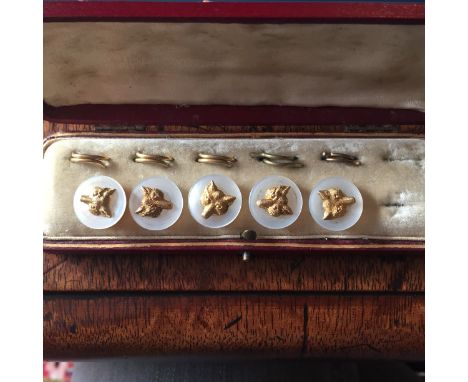 Mother of pearl and fox mask buttons in fitted case, one button missing.